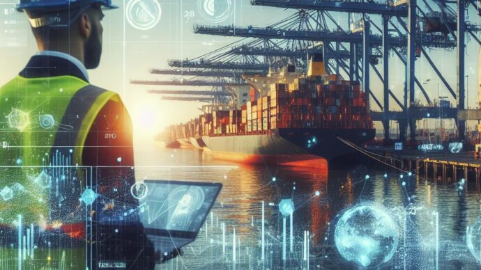 This is an AI image of a port with data overlaid