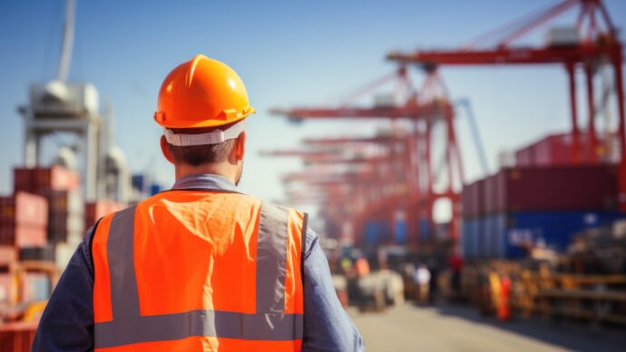 Sea port worker stand his back, look at crane and cargo containers. Industrial foreman engineer at sea docks, generated by AI